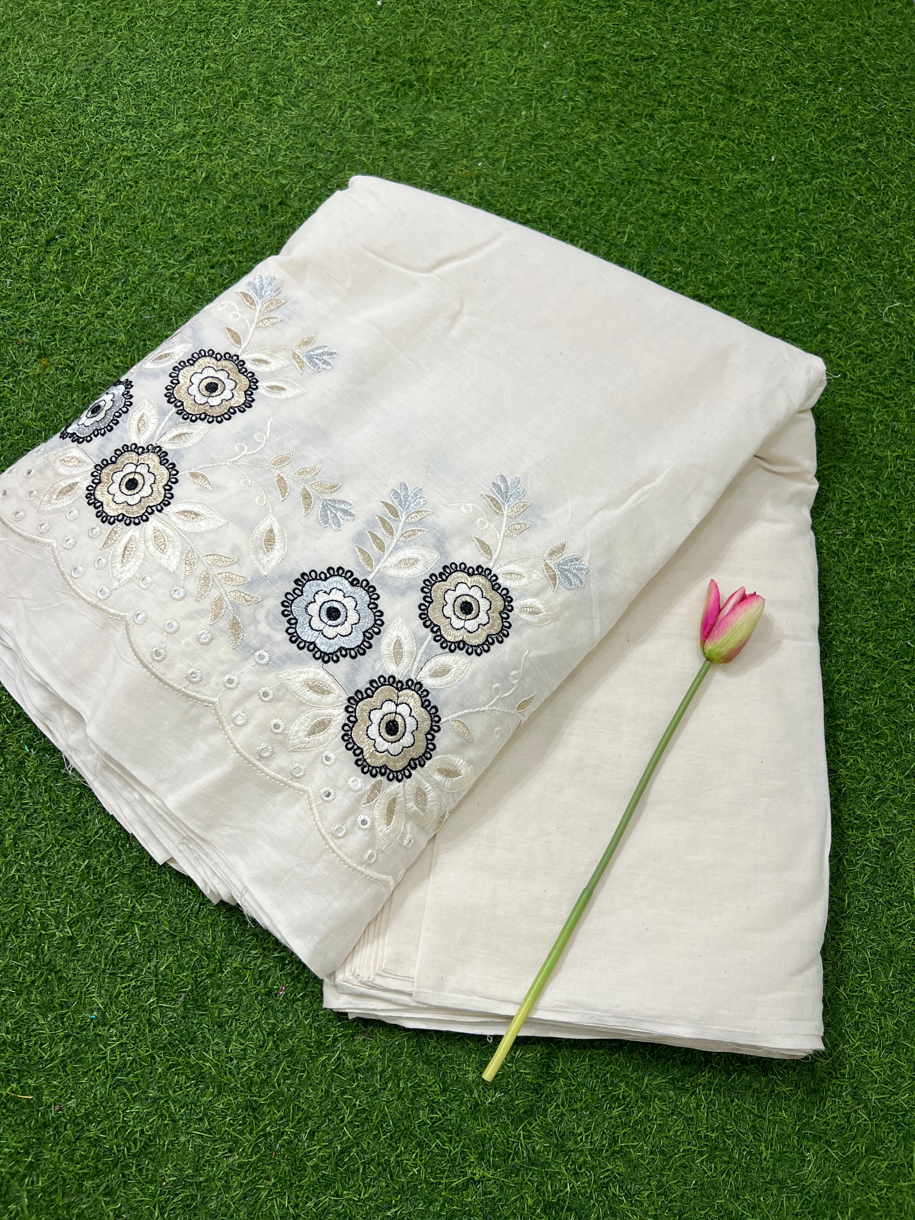 Kora Cotton Border Work Off White Colour 46 Inches Width