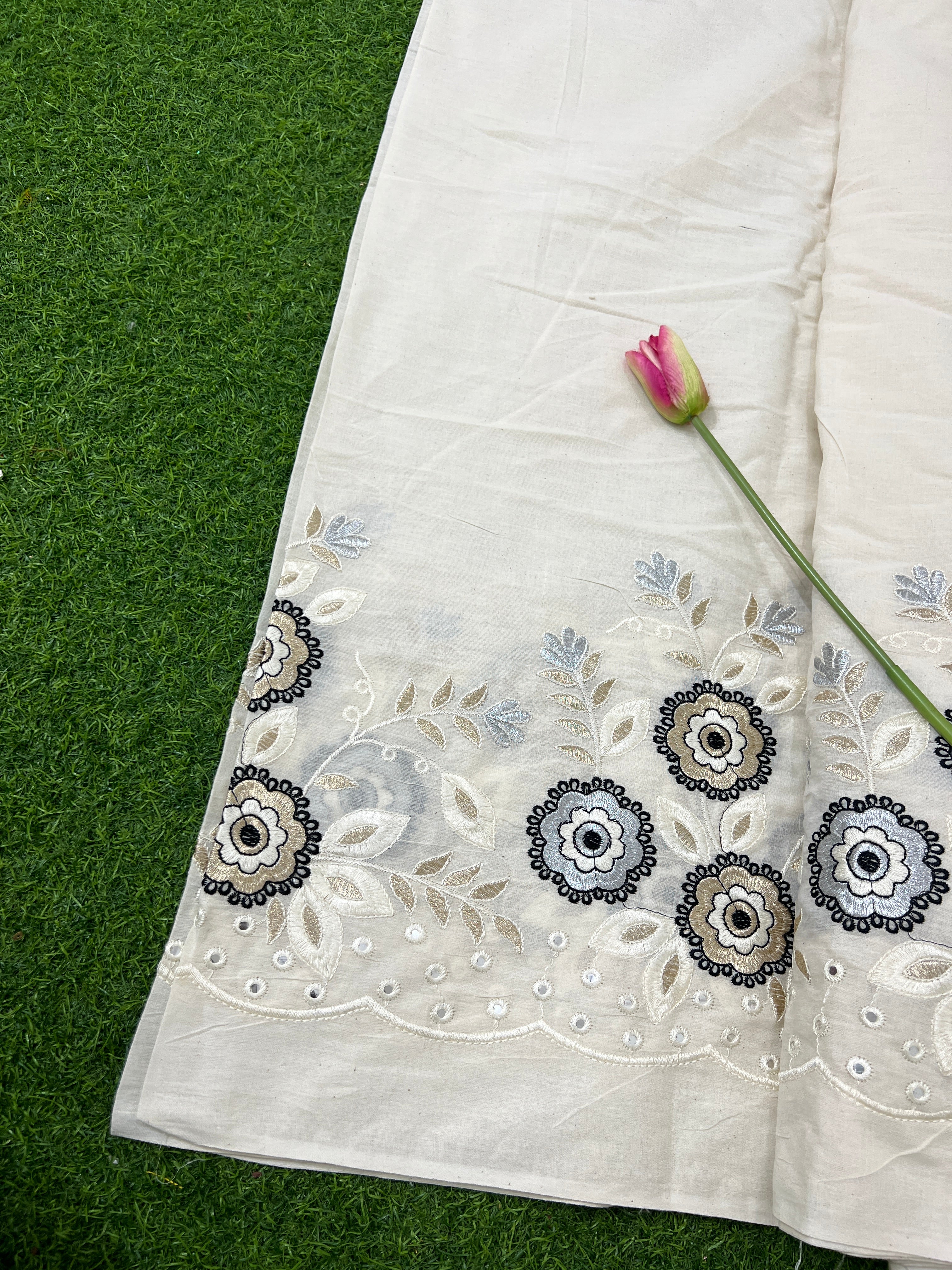 Kora Cotton Border Work Off White Colour 46 Inches Width
