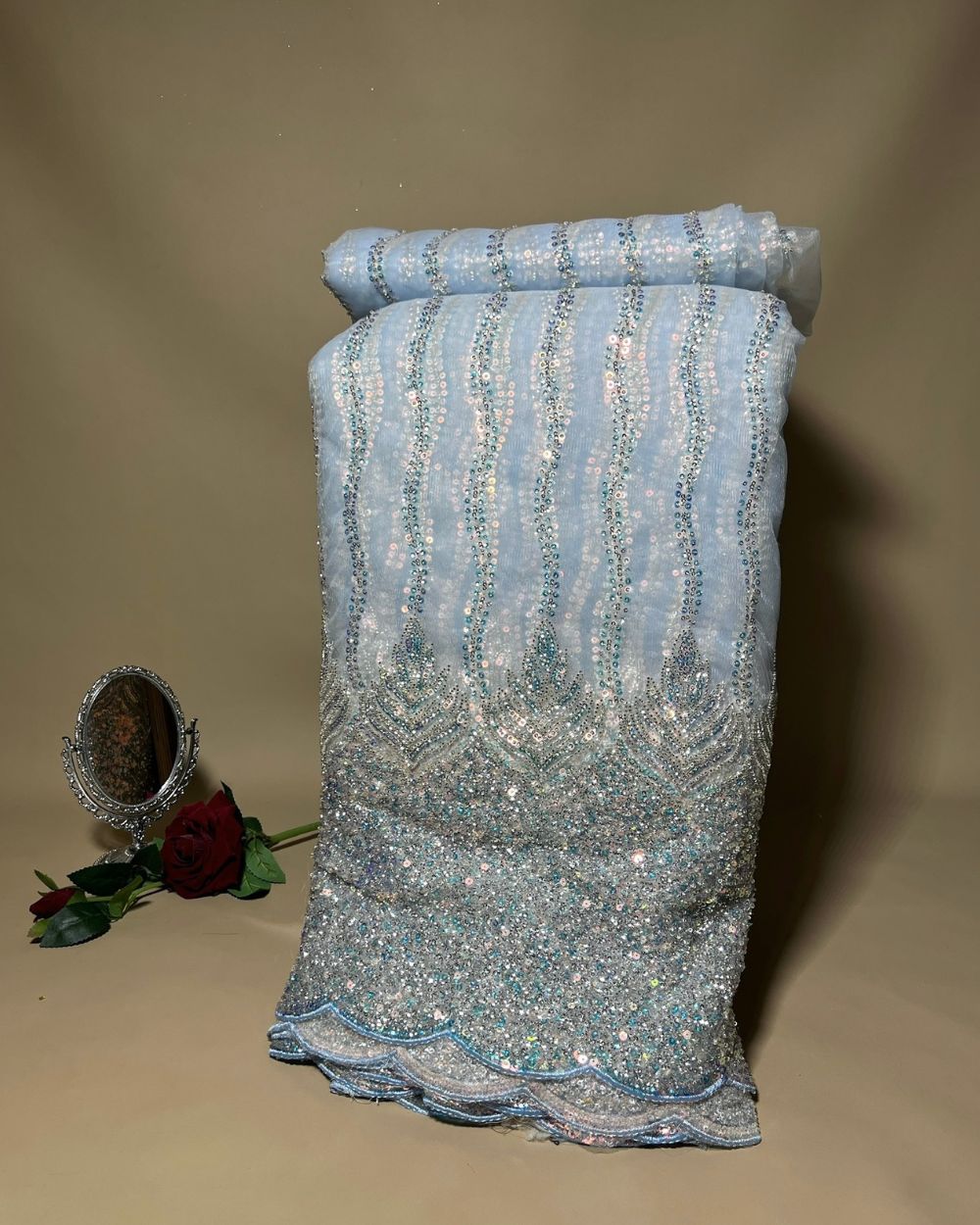 Imported Net with Border Work Sky Blue Colour 54 Inches Width