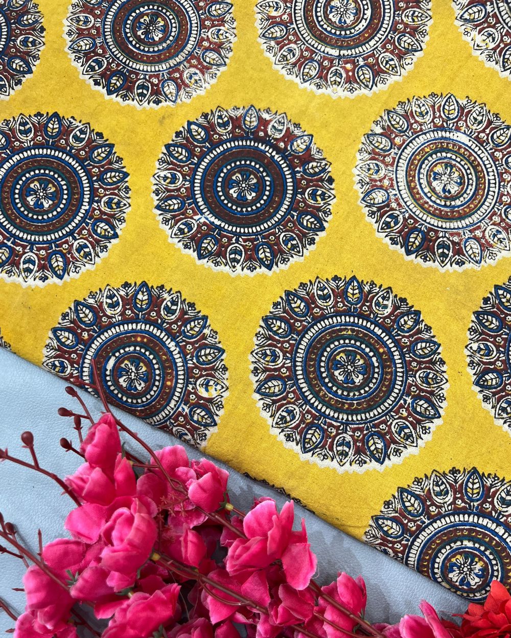 Printed Cotton Kalamkari Mustard Yellow Colour 44 Inches Width