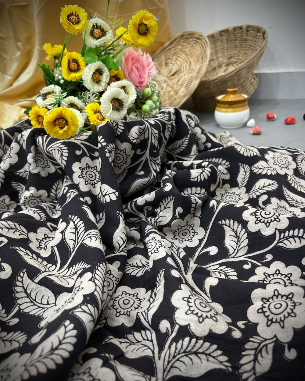 Hand Block Printed Cotton Kalamkari Black Colour 44 Inches Width