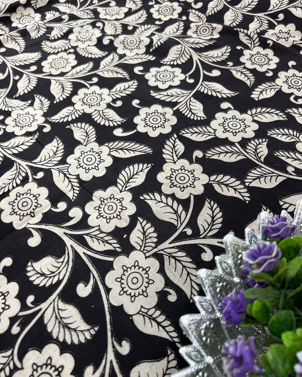 Hand Block Printed Cotton Kalamkari Black Colour 44 Inches Width