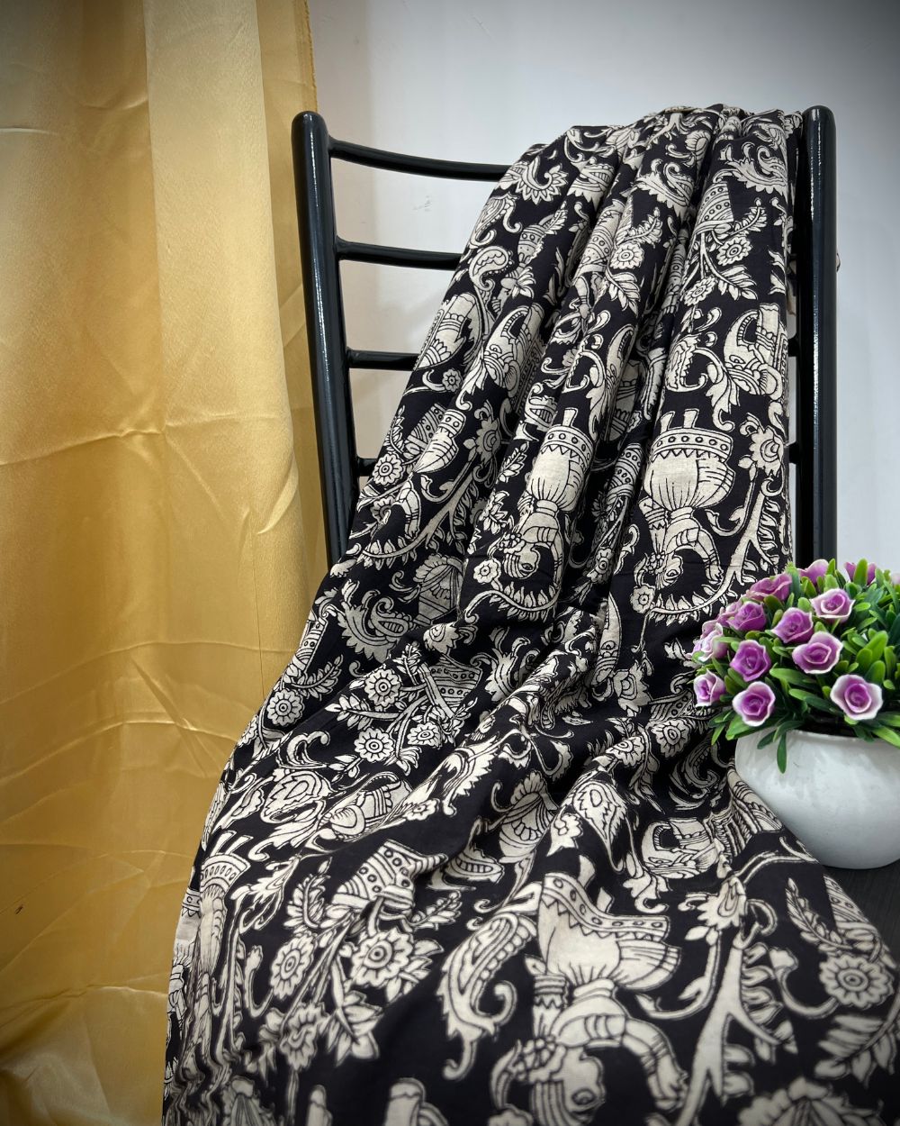 Hand Block Printed Cotton Kalamkari Black Colour 44 Inches Width