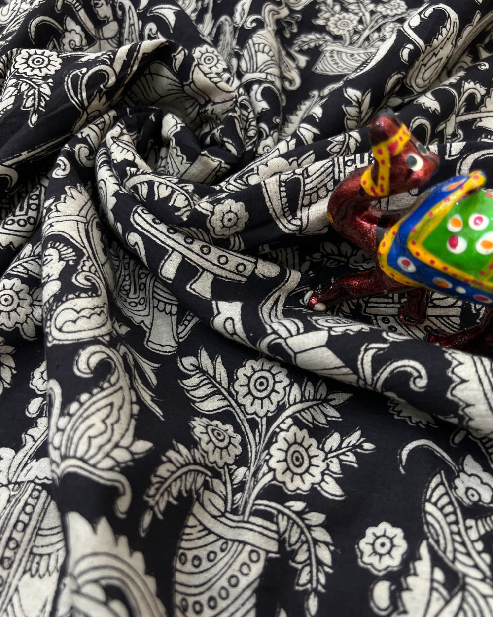 Hand Block Printed Cotton Kalamkari Black Colour 44 Inches Width