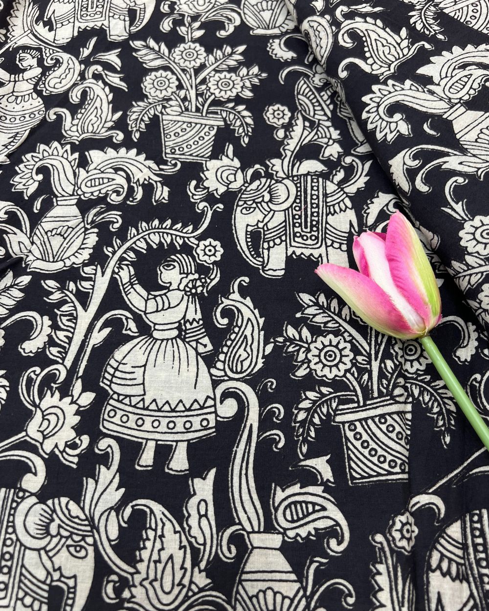 Hand Block Printed Cotton Kalamkari Black Colour 44 Inches Width