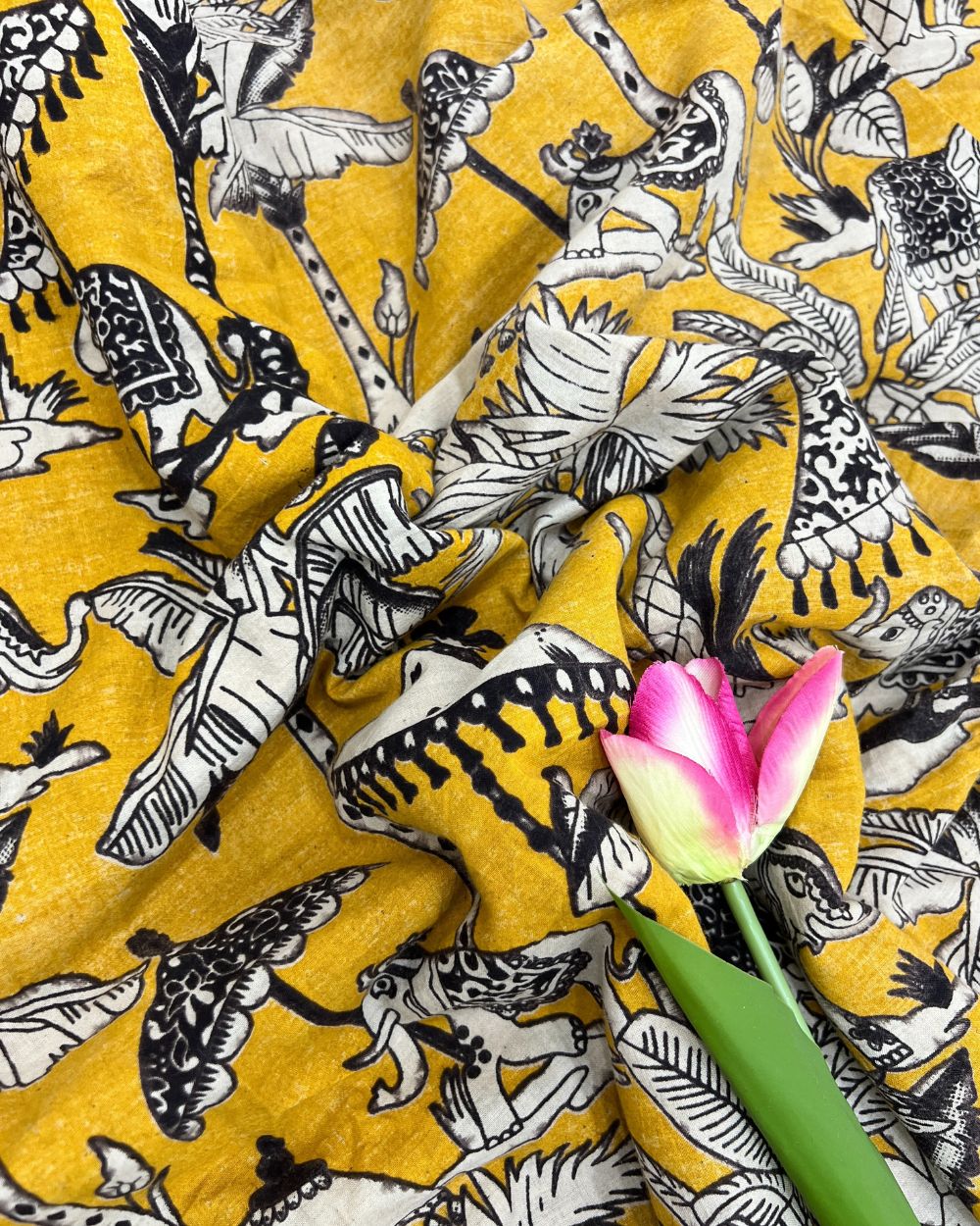 Hand Block Printed Cotton Kalamkari Mustard Yellow Colour 44 Inches Width
