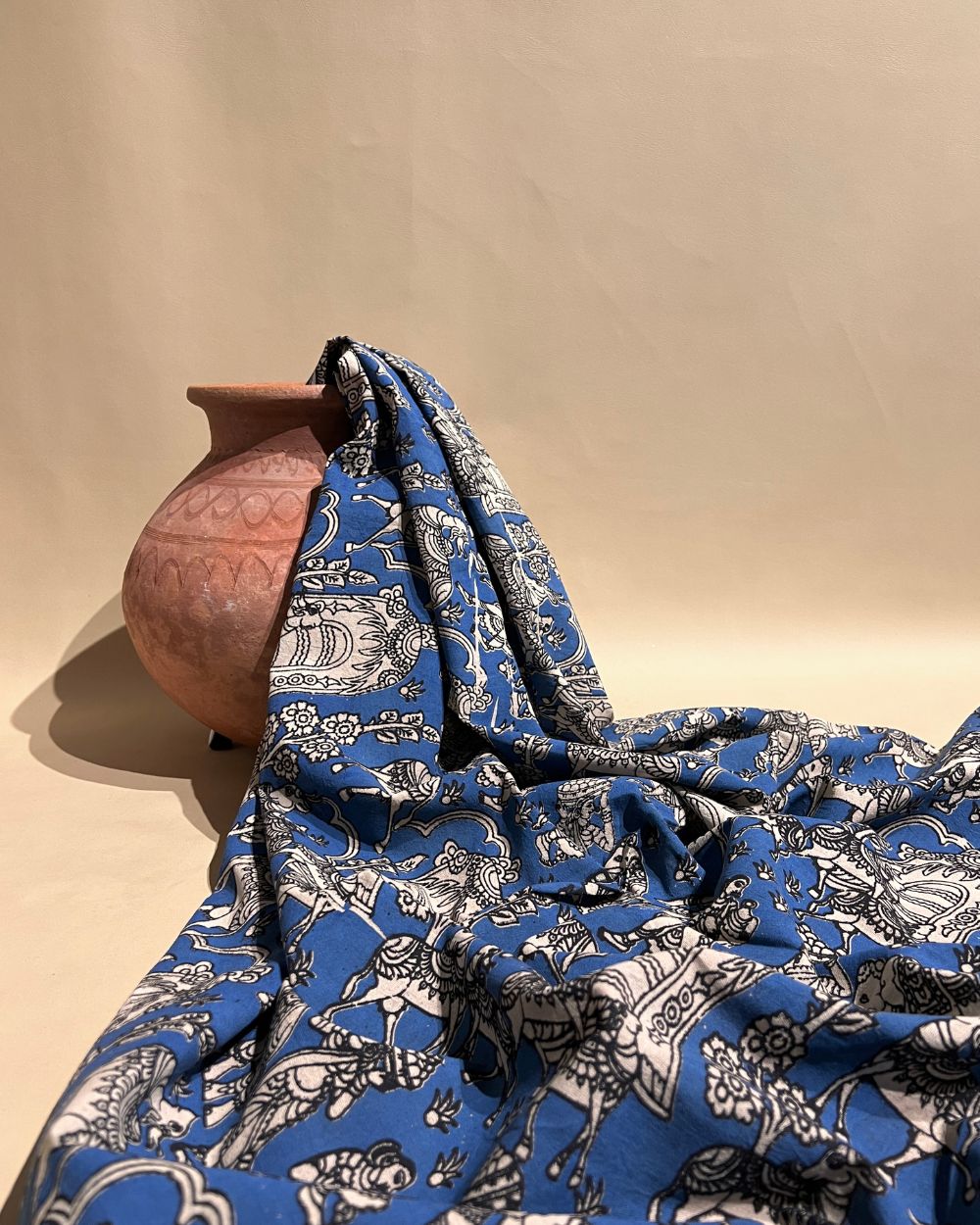 Hand Block Printed Cotton Kalamkari Blue Colour 46 Inches Width