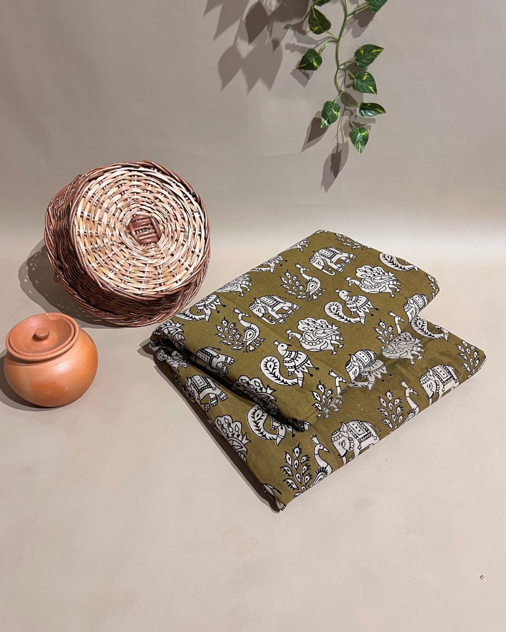 Hand Block Printed Cotton Kalamkari Mehendi Green Colour 46 Inches Width