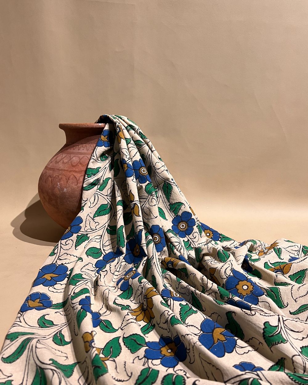 Hand Block Printed Cotton Kalamkari Off White Colour 46 Inches Width