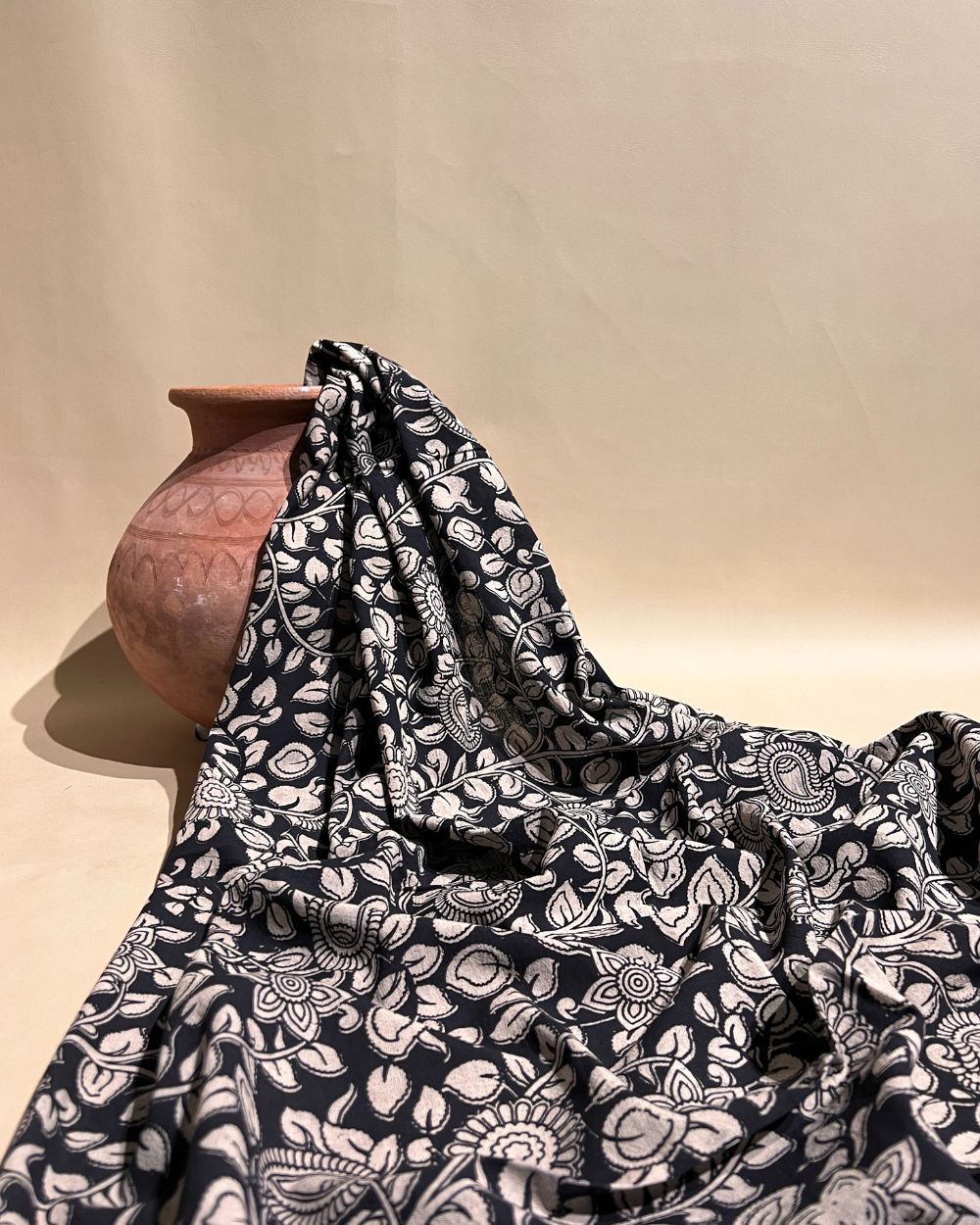 Hand Block Printed Cotton Kalamkari Black Colour 46 Inches Width