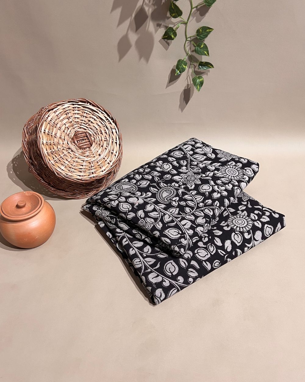 Hand Block Printed Cotton Kalamkari Black Colour 46 Inches Width