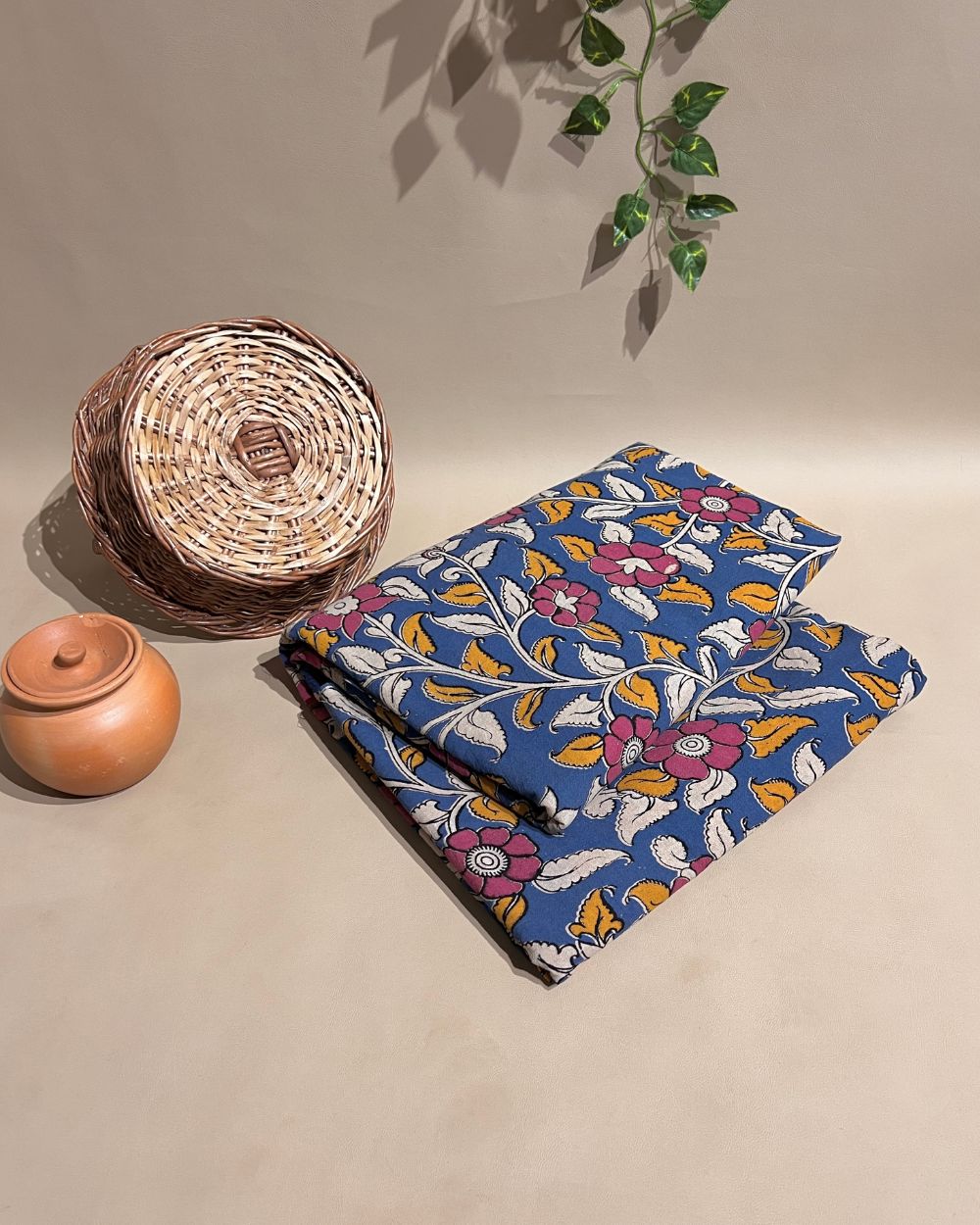 Hand Block Printed Cotton Kalamkari Sky-Blue Colour 46 Inches Width