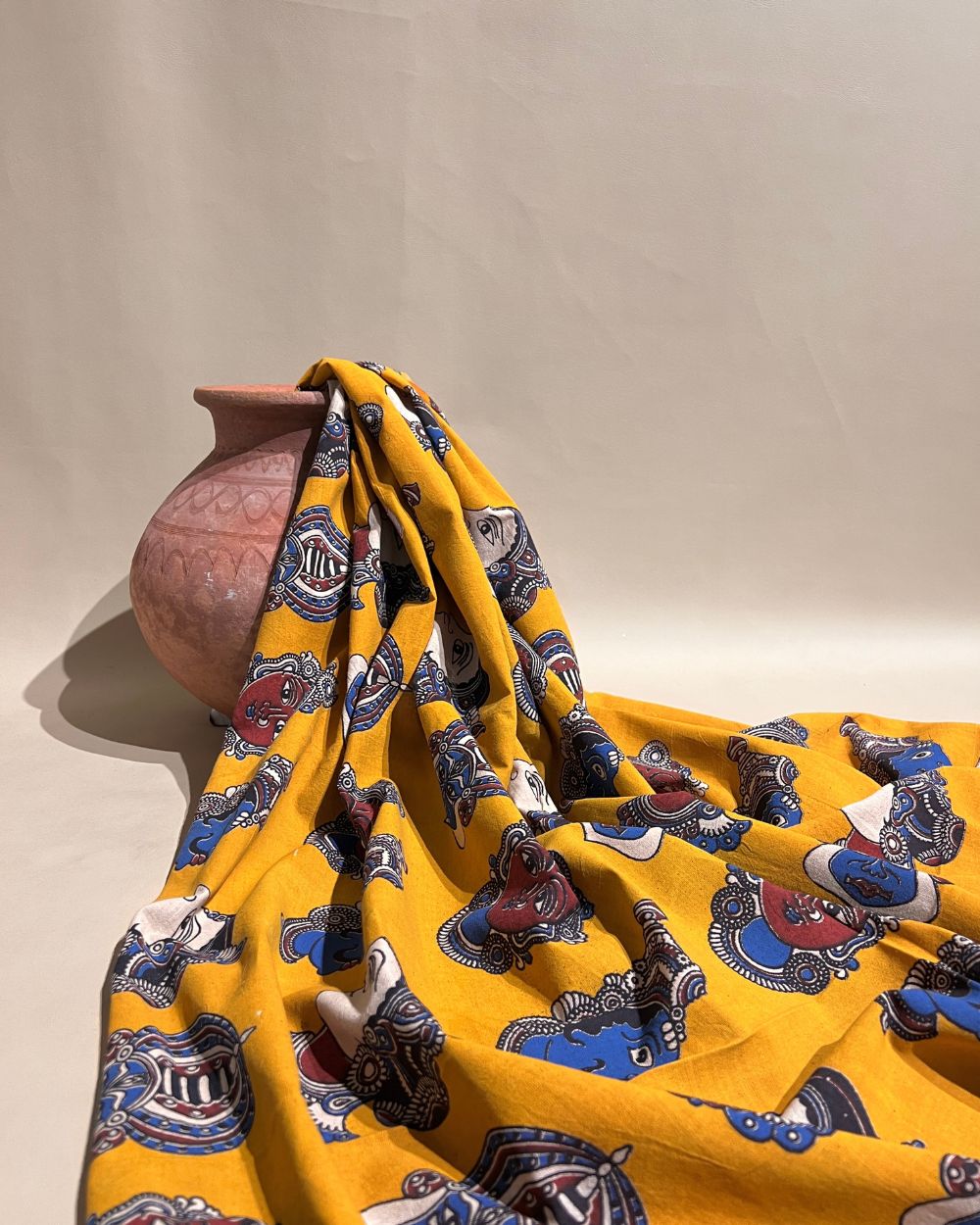 Hand Block Printed Cotton Kalamkari Amber Yellow Colour 46 Inches Width