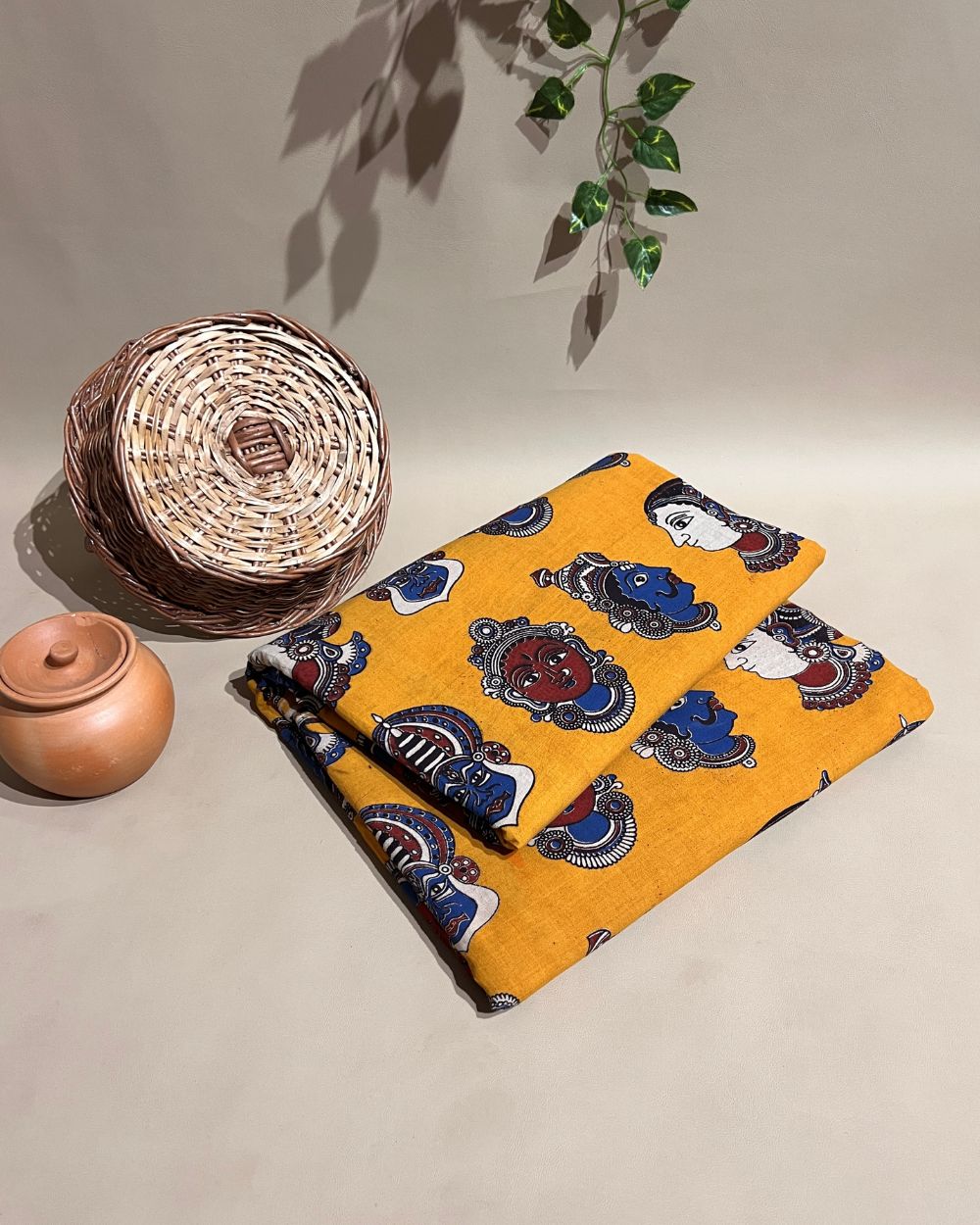 Hand Block Printed Cotton Kalamkari Amber Yellow Colour 46 Inches Width