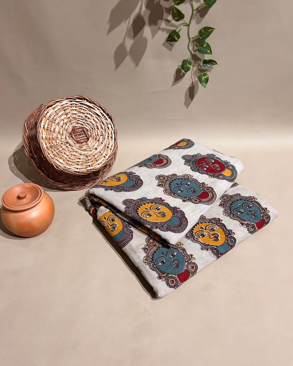 Hand Block Printed Cotton Kalamkari Cream  Colour 46 Inches Width