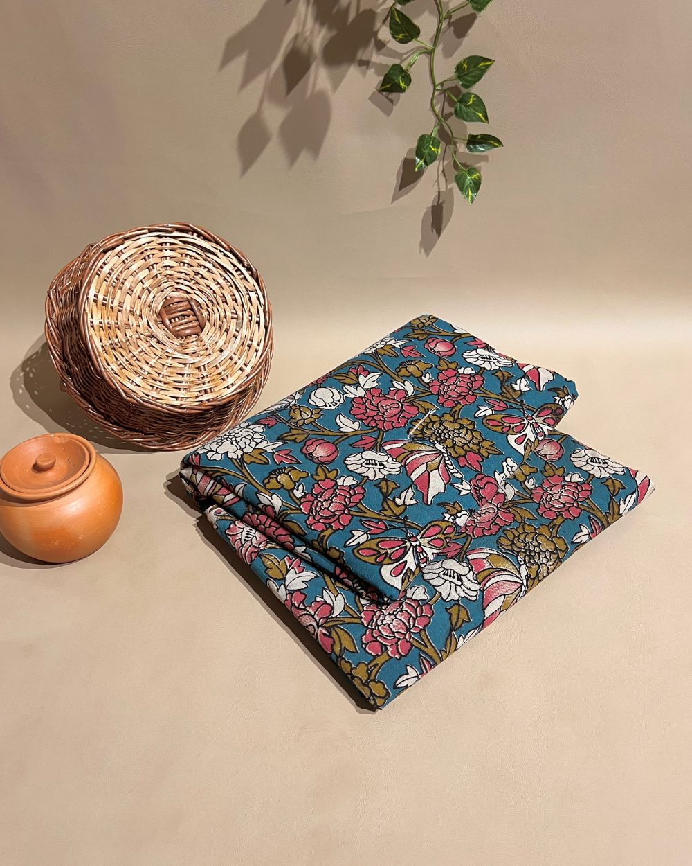 Hand Block Printed Cotton Kalamkari Sky-Blue Colour 46 Inches Width