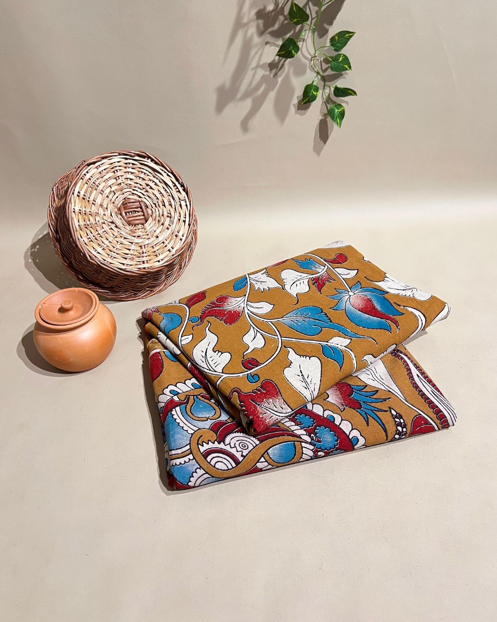 Hand Block Printed Cotton Kalamkari Olive Yellow Colour 46 Inches Width