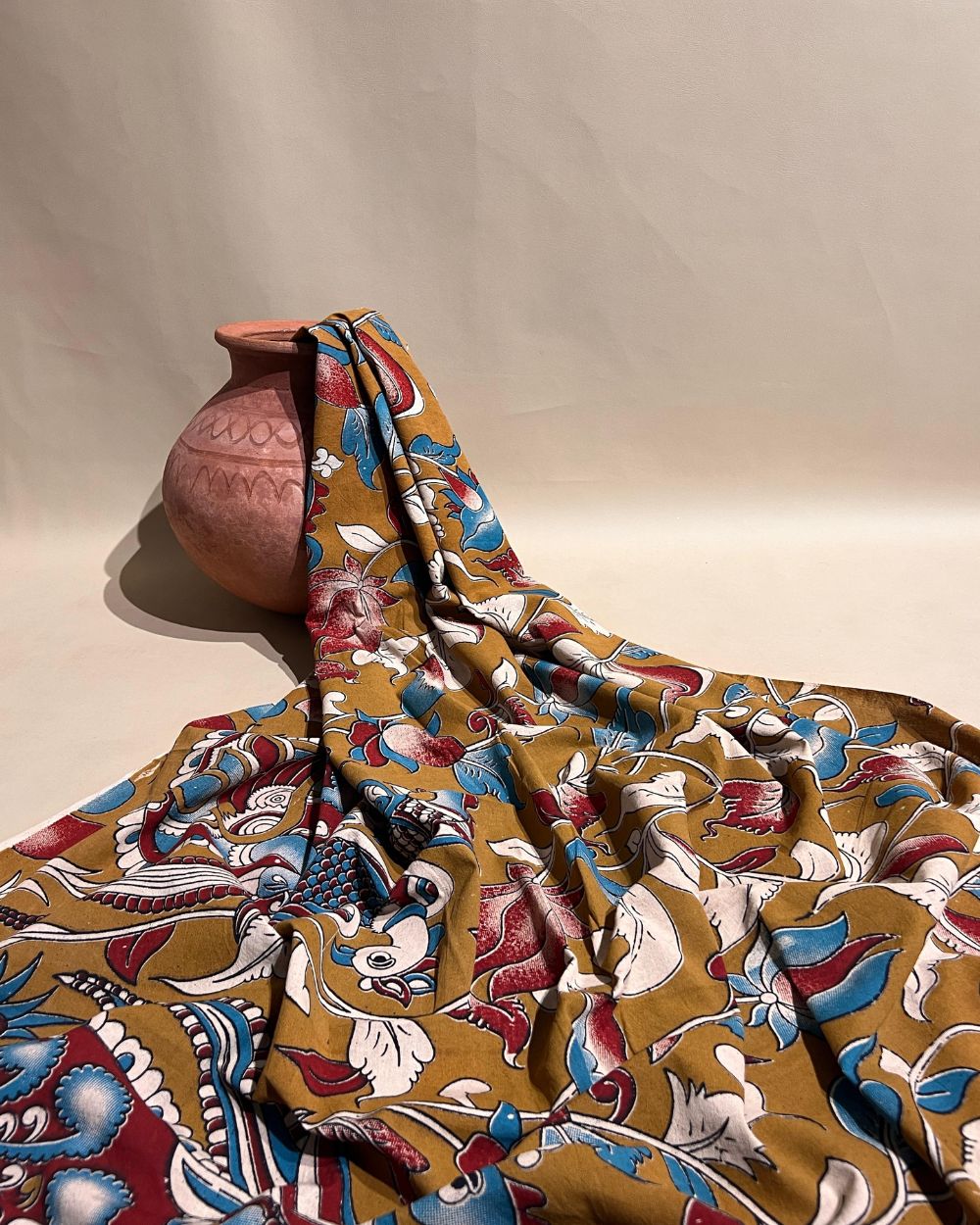 Hand Block Printed Cotton Kalamkari Olive Yellow Colour 46 Inches Width