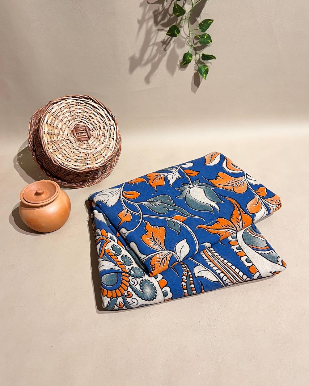 Hand Block Printed Cotton Kalamkari Blue Colour 46 Inches Width