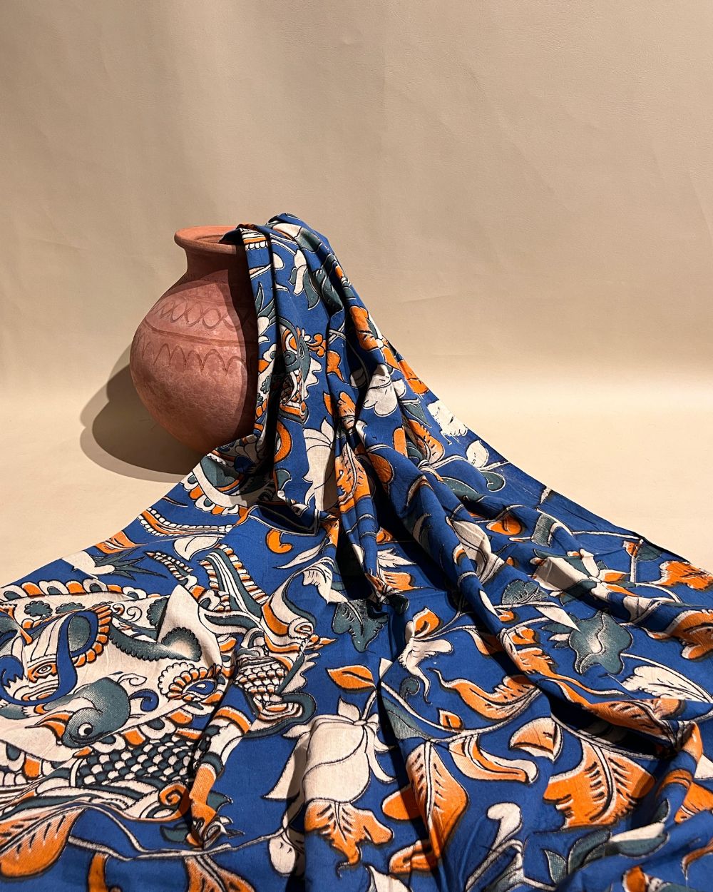 Hand Block Printed Cotton Kalamkari Blue Colour 46 Inches Width