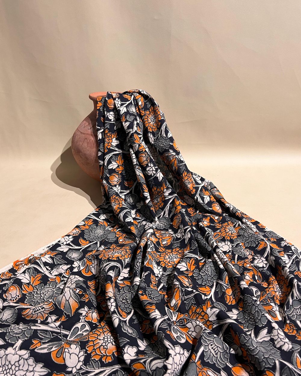 Hand Block Printed Cotton Kalamkari Black Colour 46 Inches Width