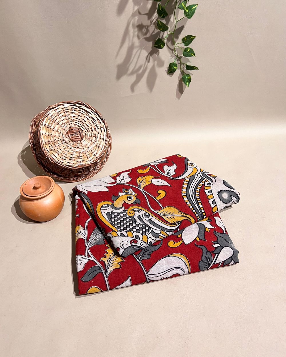Hand Block Printed Cotton Kalamkari Maroon Colour 46 Inches Width