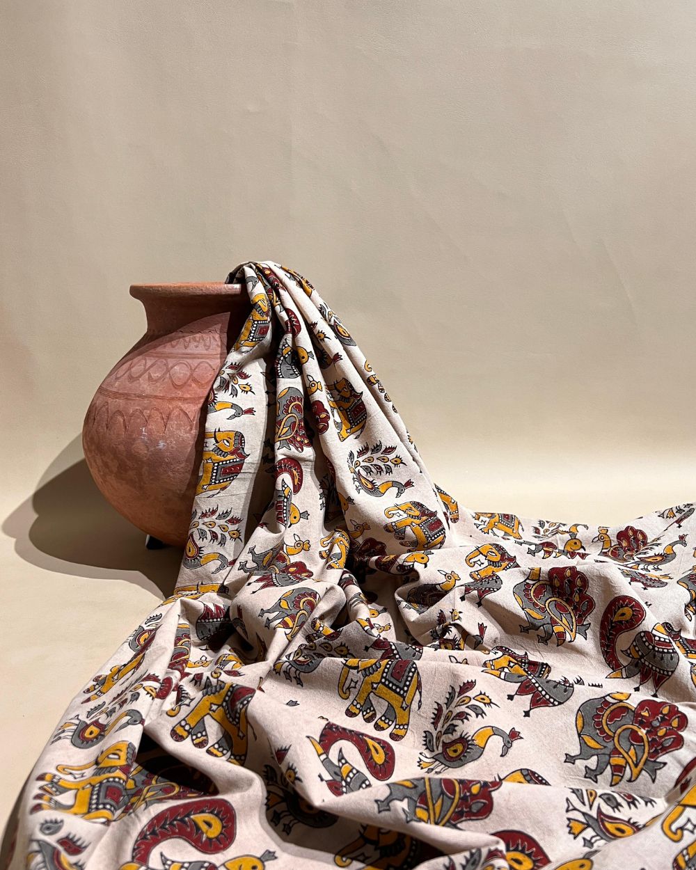 Hand Block Printed Cotton Kalamkari Cream Colour 46 Inches Width