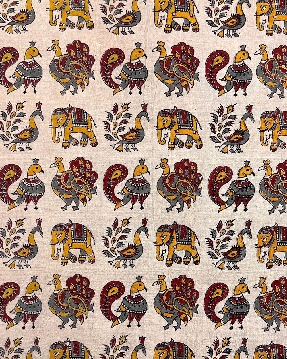 Hand Block Printed Cotton Kalamkari Cream Colour 46 Inches Width