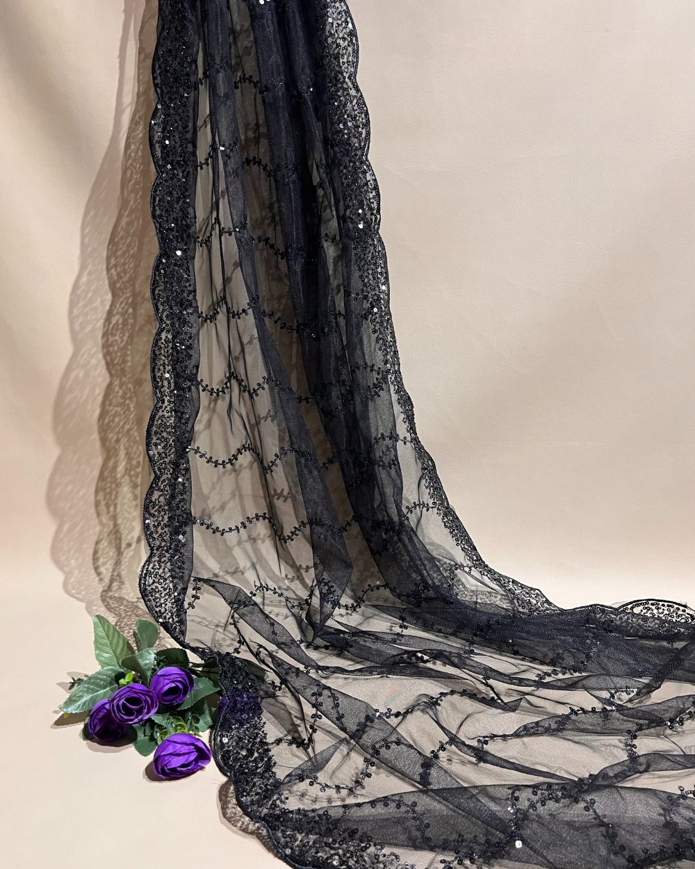 Net Work with Cutwork Border Black Colour 40 Inches Width