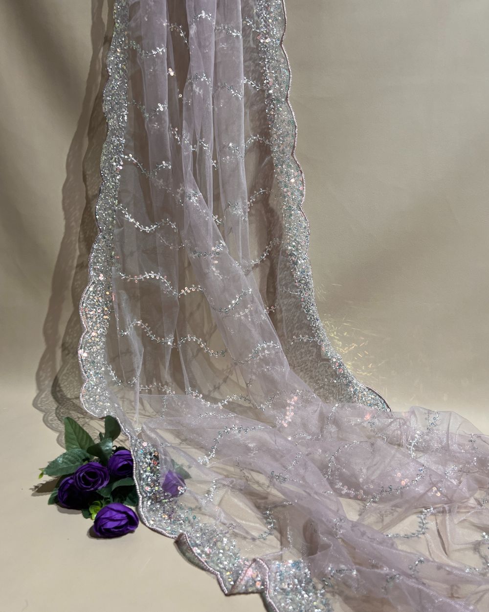 Net Work with Cutwork Border Pastel Purple Colour 40 Inches Width