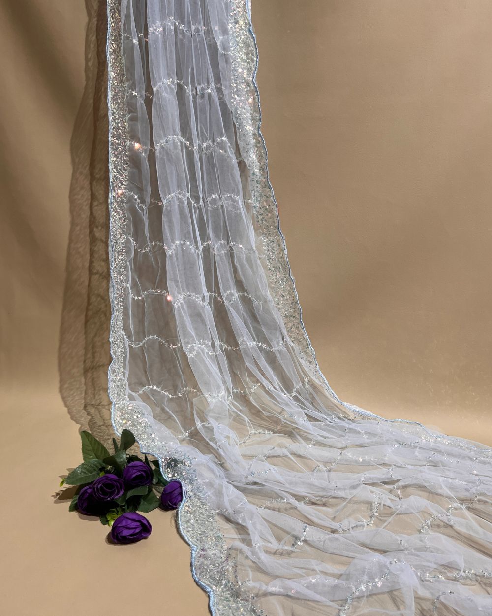 Net Work with Cutwork Border Sky Blue Colour 40 Inches Width