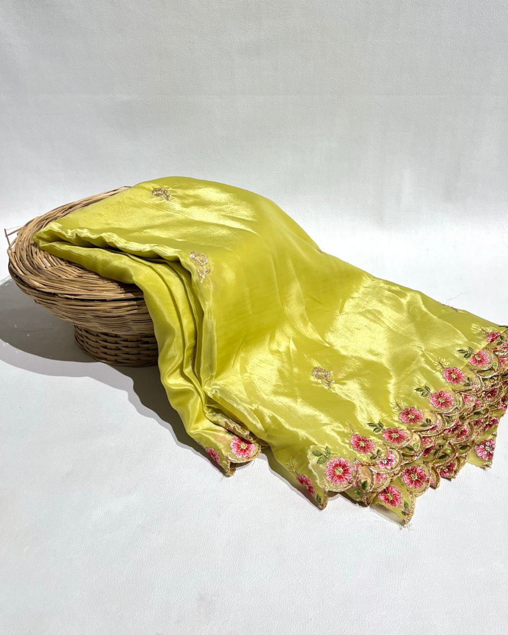 Premium Pure Soft Organza Work Dupatta Lemon Green Colour 40 Inches Width