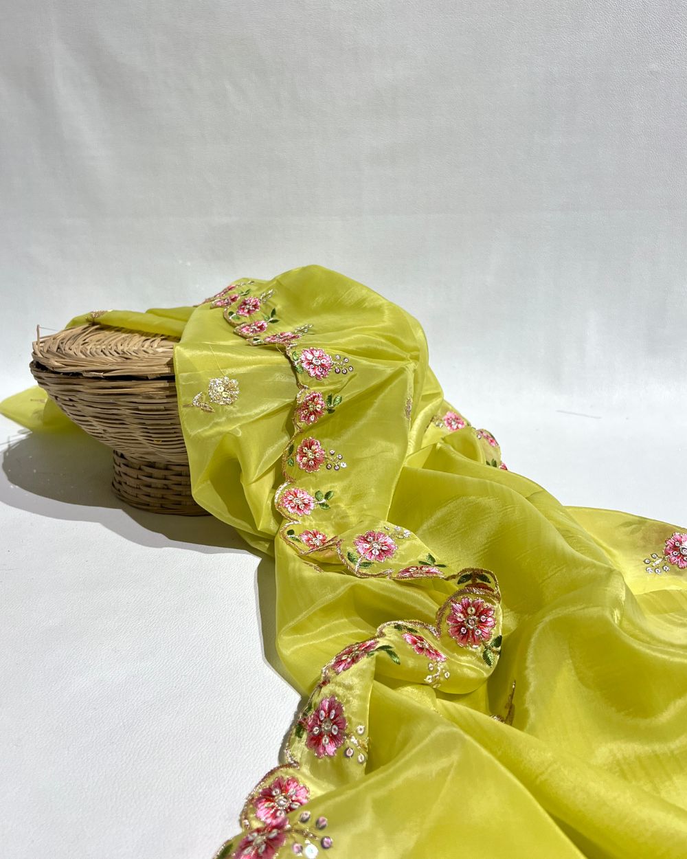Premium Pure Soft Organza Work Dupatta Lemon Green Colour 40 Inches Width