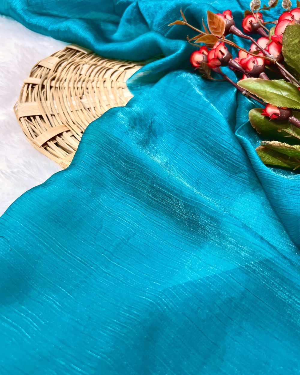Plain Pure Space Silk Saree Without Blouse Fresh Peacock Blue Colour 44 Inches Width