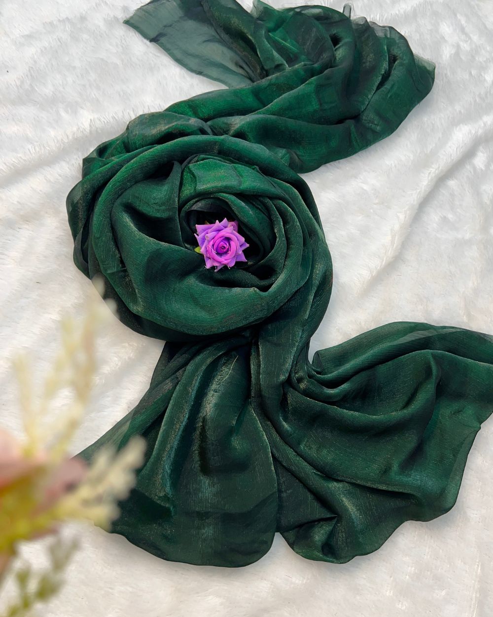 Plain Pure Space Silk Saree Without Blouse Bottle Green  Colour 44 Inches Width