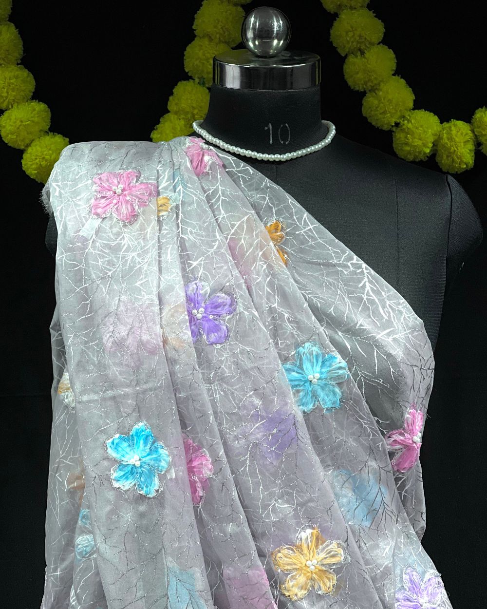 Premium Organza Work with Korean Foil Pastel Lavender Colour 45 Inches Width