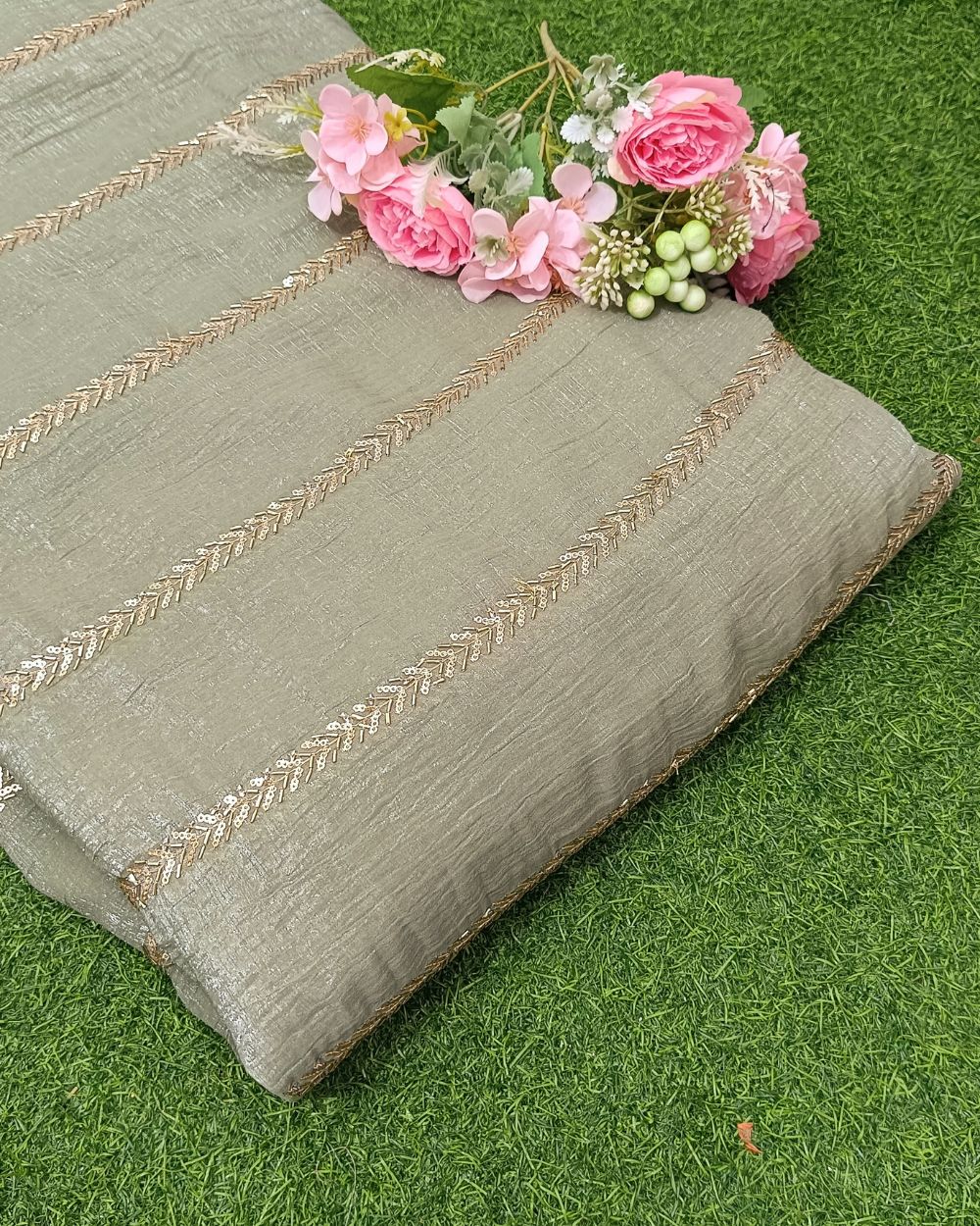 Gold Crush Work Sage Green Colour 44 Inches Width