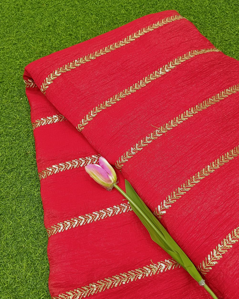 Gold Crush Work Red Colour 44 Inches Width