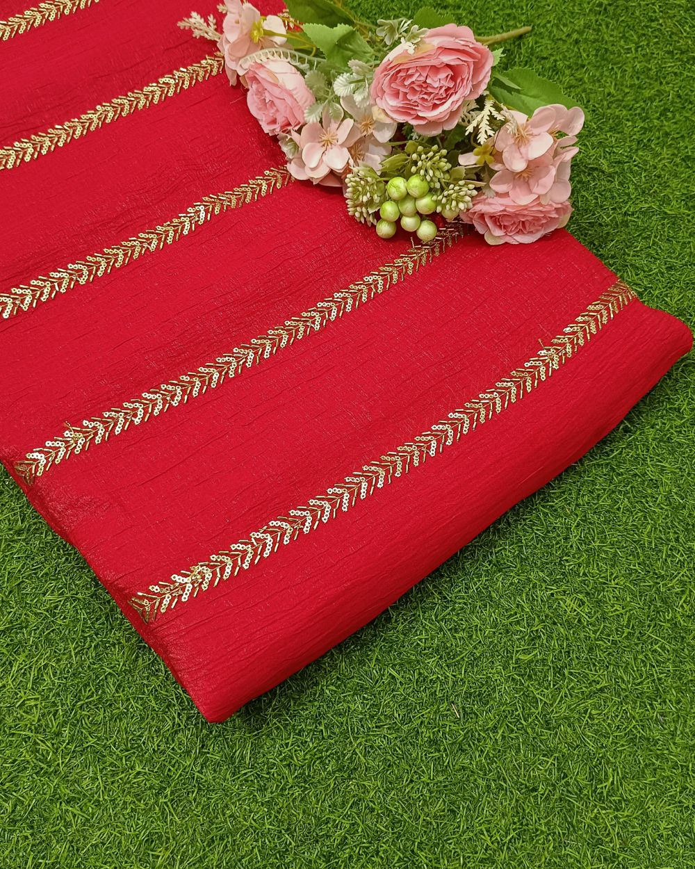 Gold Crush Work Red Colour 44 Inches Width