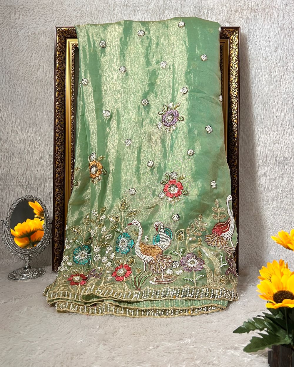 Glossy Space Silk with Border Work Pista Colour 42 Inches Width