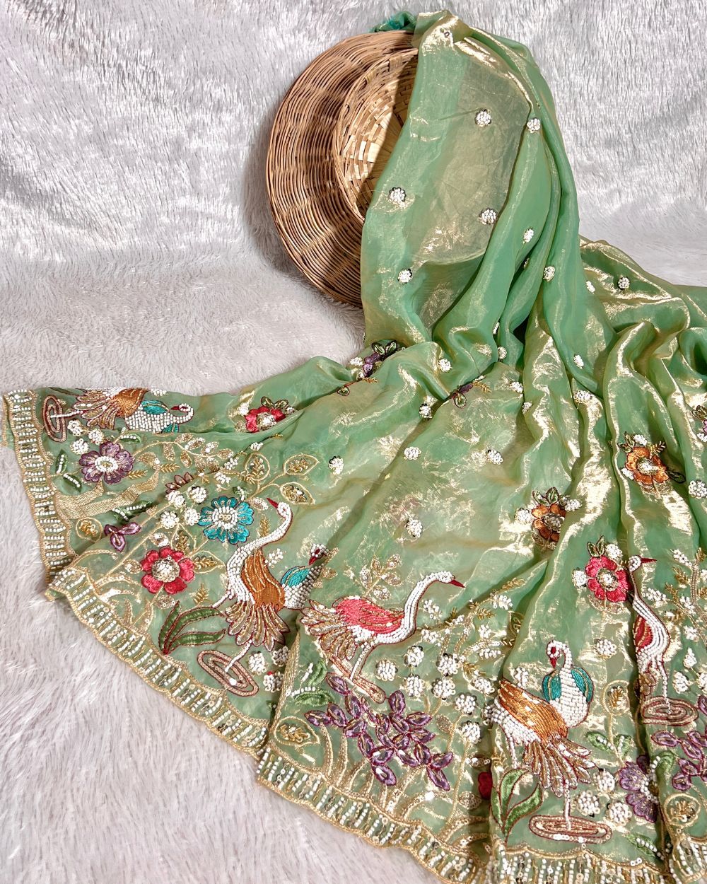 Glossy Space Silk with Border Work Pista Colour 42 Inches Width