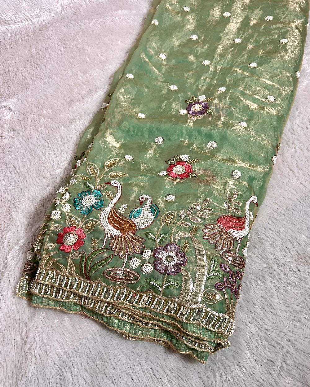 Glossy Space Silk with Border Work Pista Colour 42 Inches Width