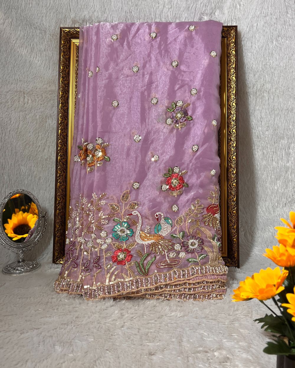 Glossy Space Silk with Border Work Lavender Colour 42 Inches Width