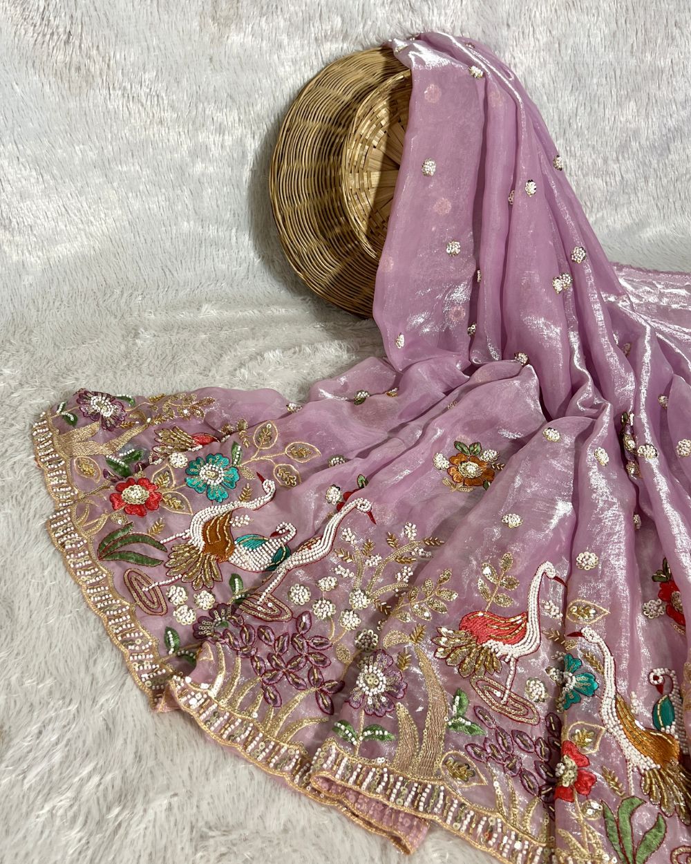 Glossy Space Silk with Border Work Lavender Colour 42 Inches Width