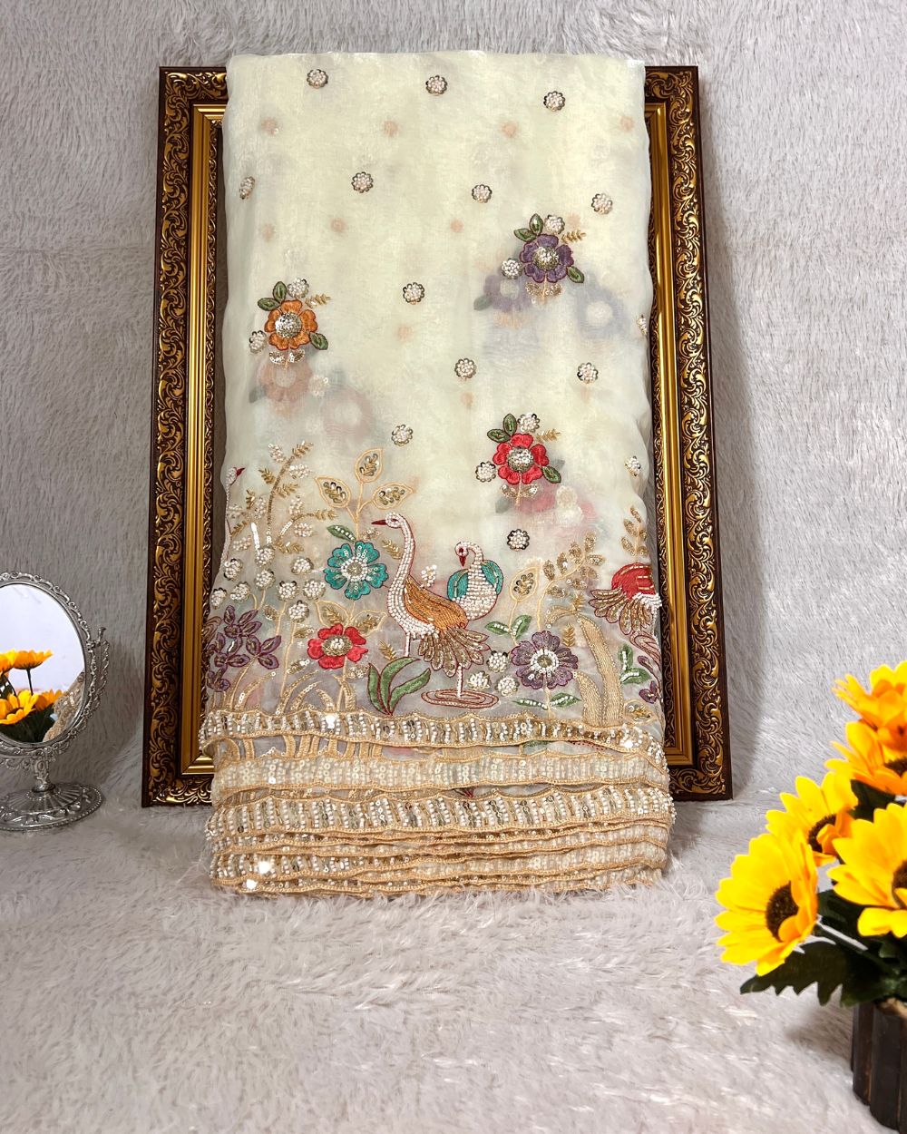 Glossy Space Silk with Border Work Moti White Colour 42 Inches Width