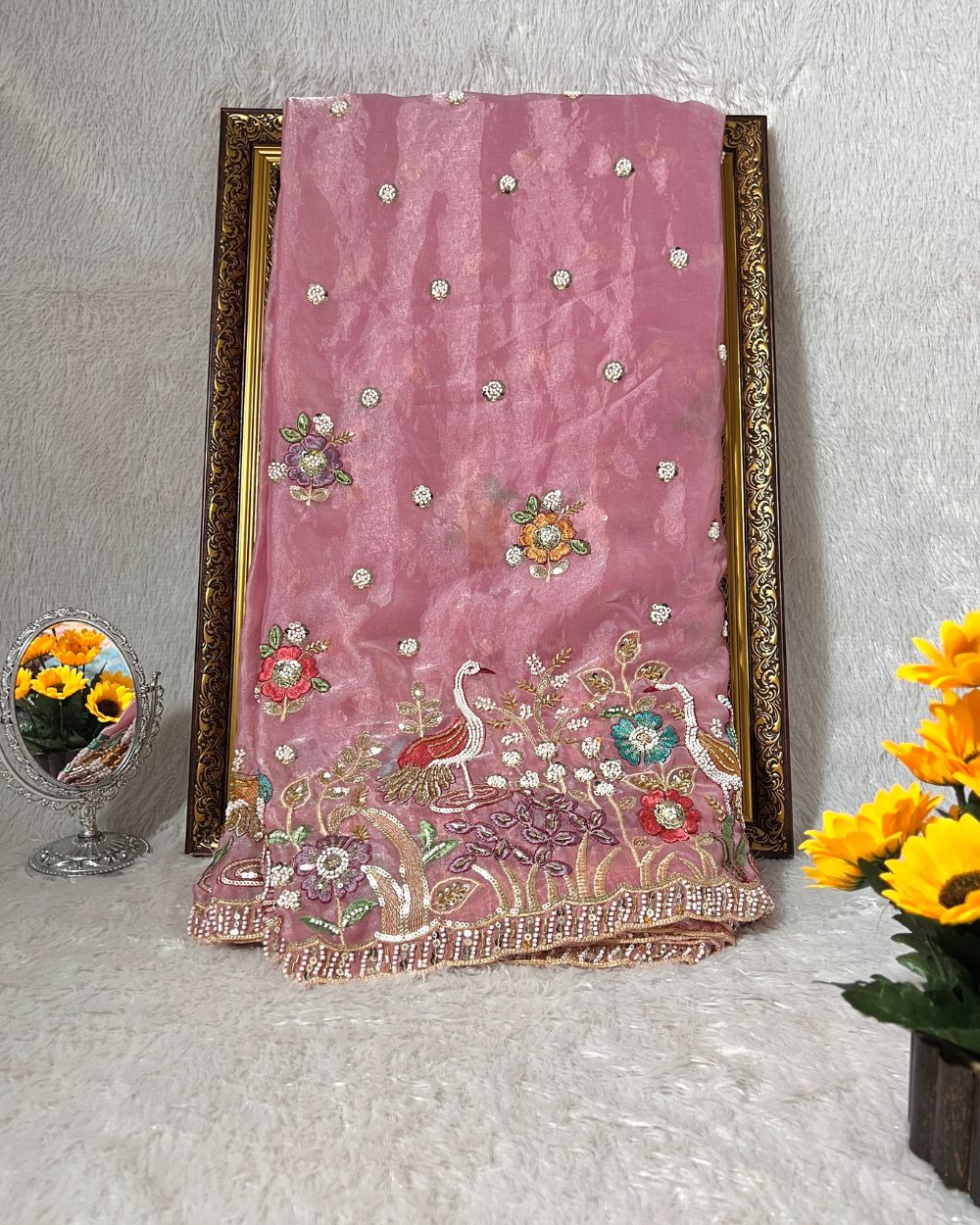 Glossy Space Silk with Border Work Blush Pink Colour 42 Inches Width