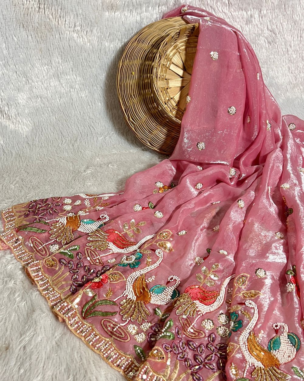 Glossy Space Silk with Border Work Blush Pink Colour 42 Inches Width