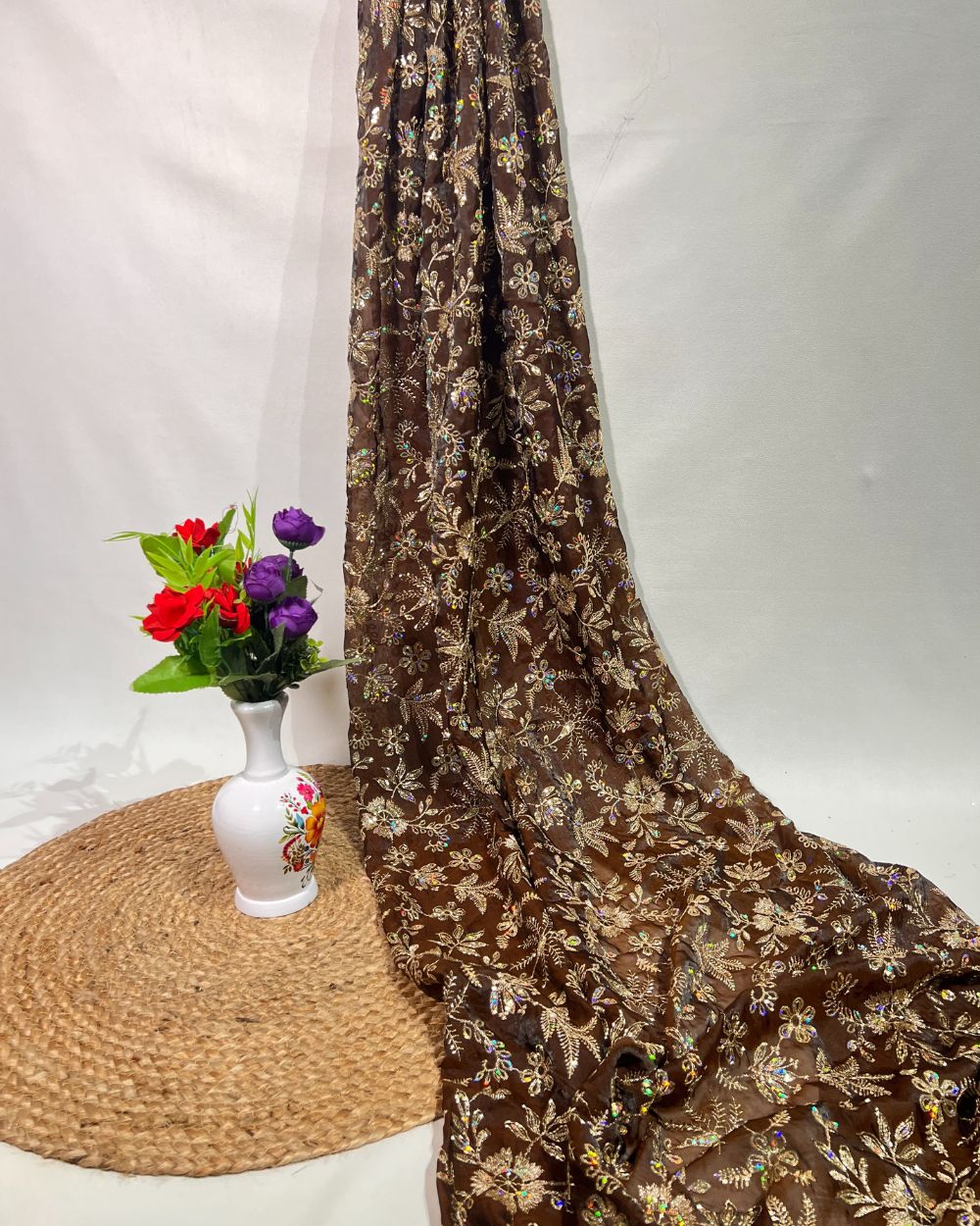 Space Silk Work Coffee  Colour 42 Inches Width