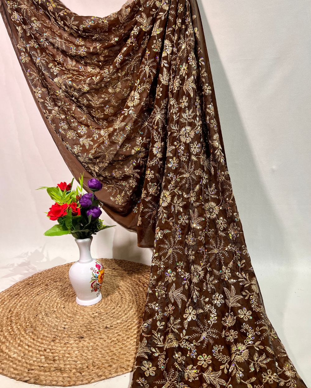 Space Silk Work Coffee  Colour 42 Inches Width