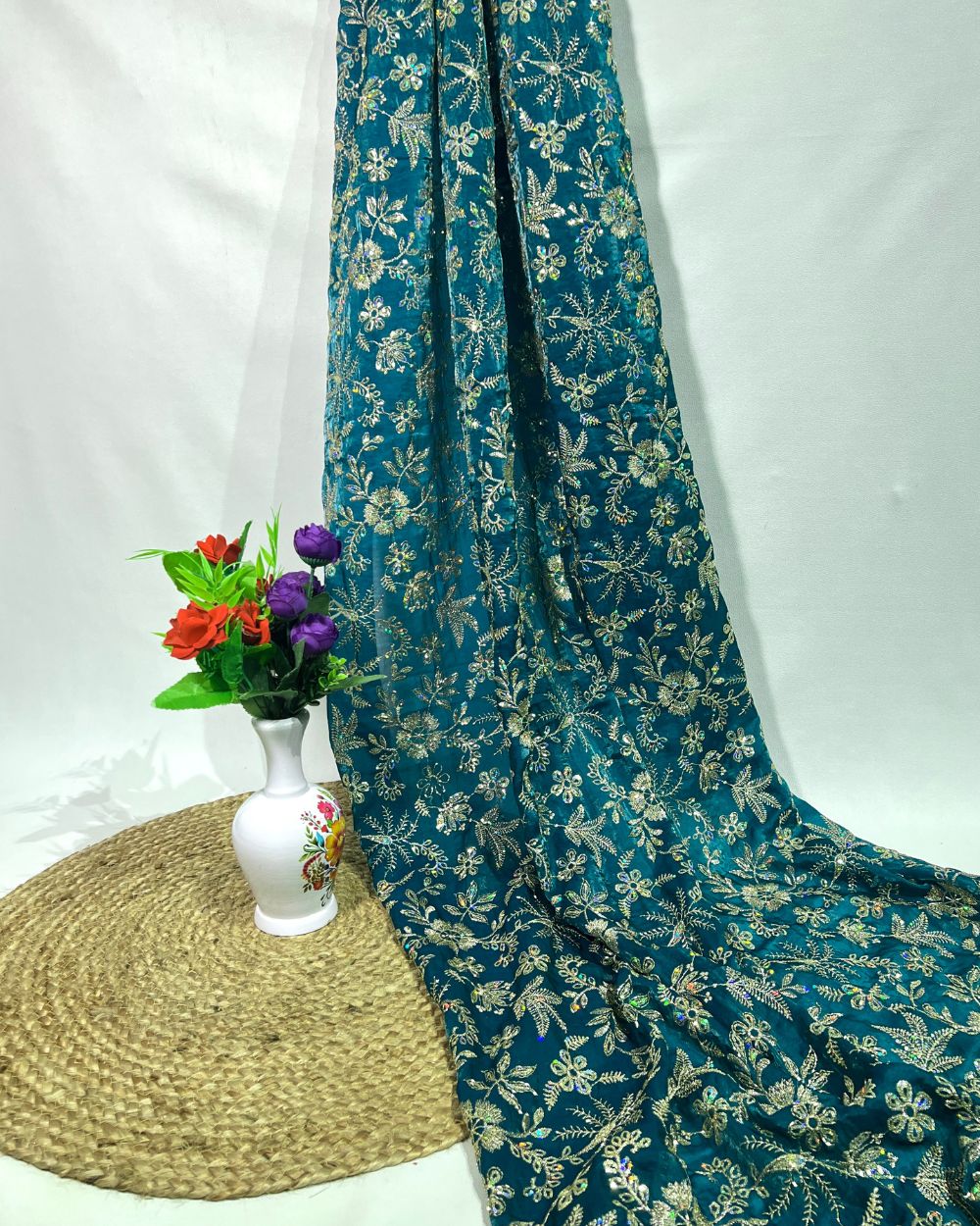 Space Silk Work Peacock Green Colour 42 Inches Width